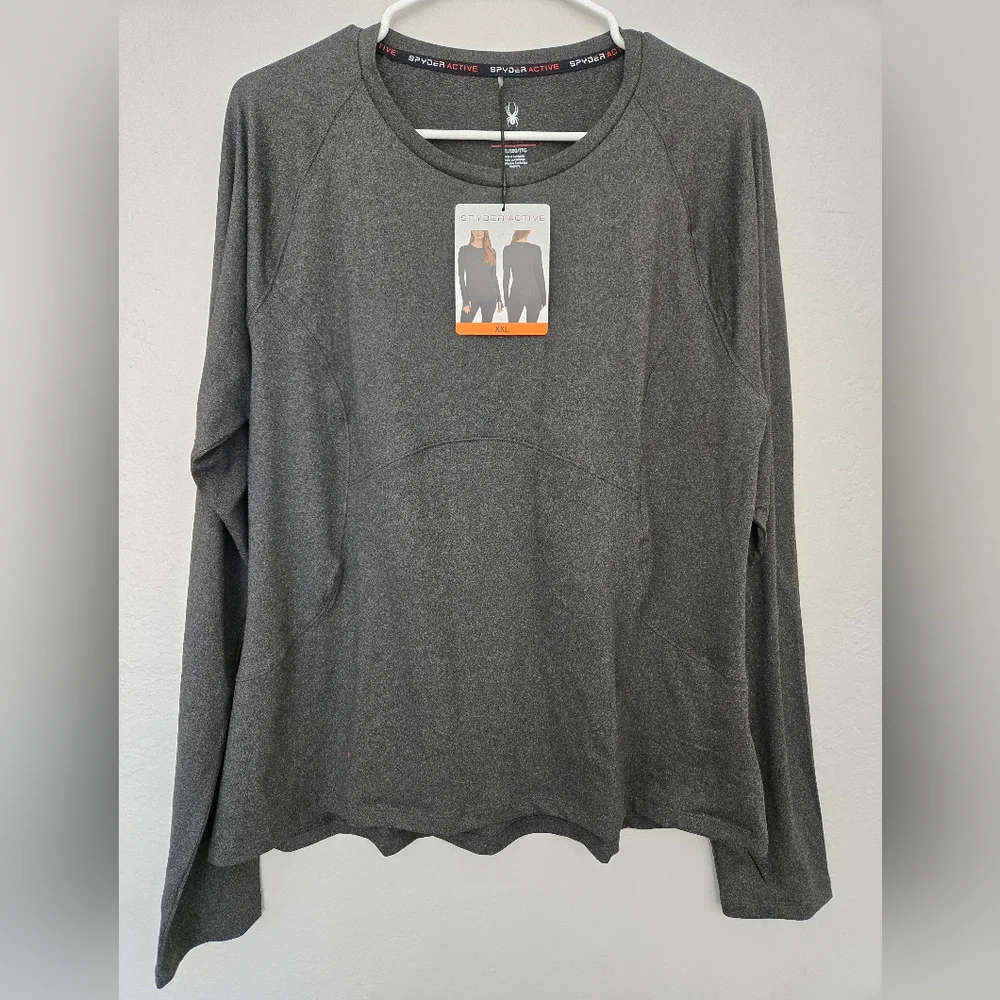 Spyder Active Womens Long-Sleeve, Thumbhole Crew Neck Top - Black Heather XXL - Picture 3 of 8